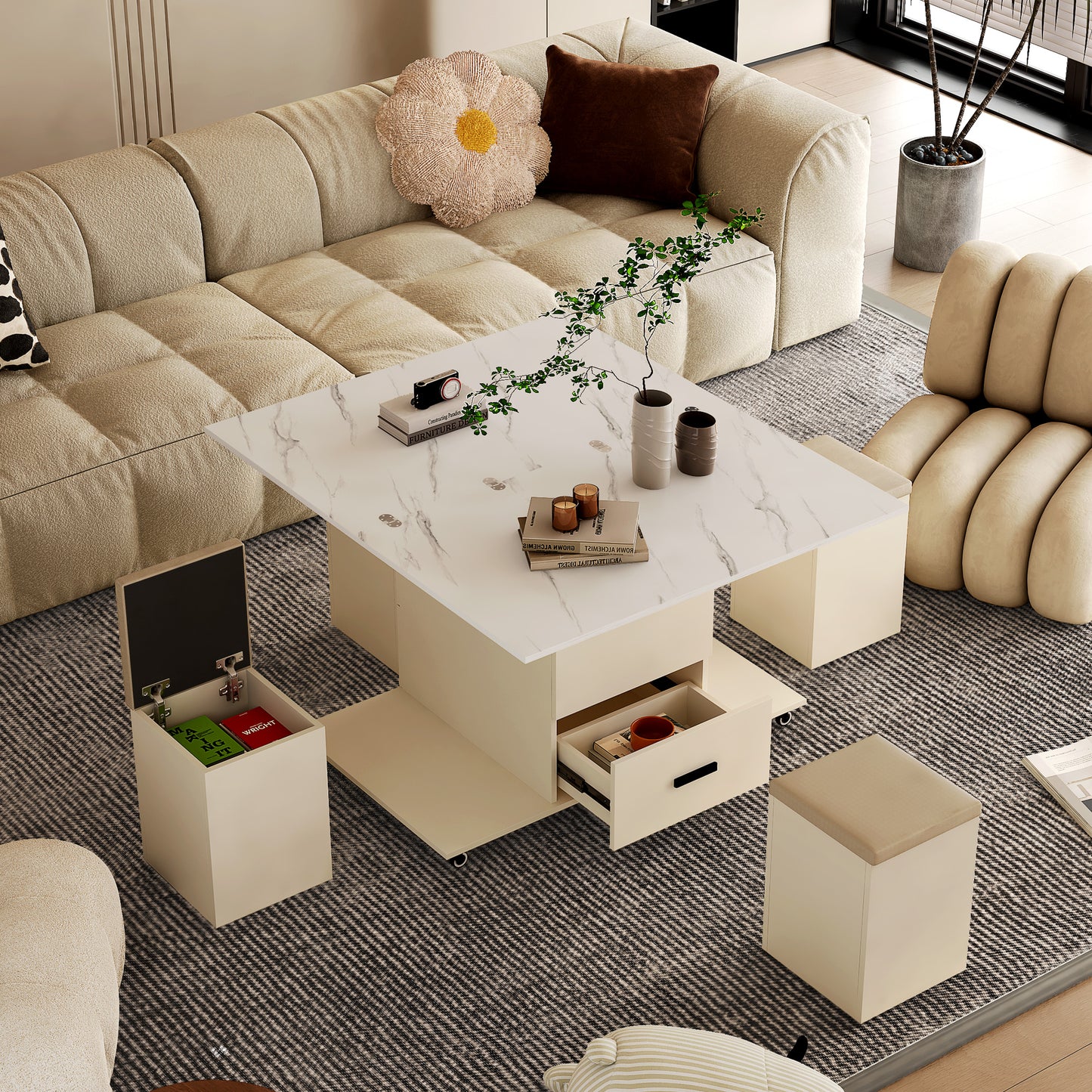 Modern Lift Coffee Table with 4 Chairs, Expandable Design with Hidden Storage and 2 Drawers