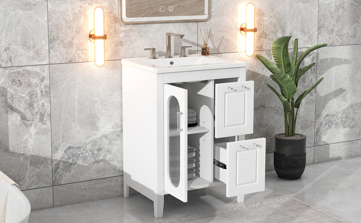 Bathroom Vanity with Sink, Bathroom Vanity Cabinet with Two Drawers and Door, Adjustable Shelf, Solid Wood and MDF, White