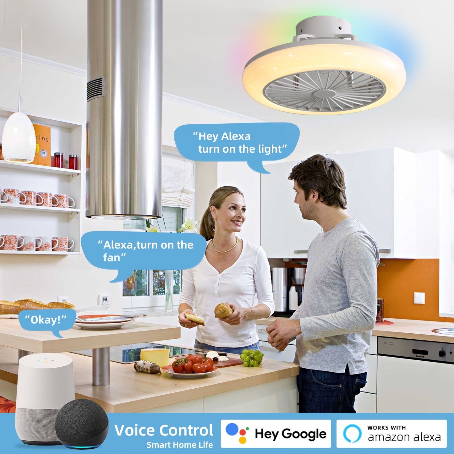 Smart LED Bladeless Ceiling Fans Remote with Alexa/Google, Modern Flush Mount RGB Ceiling Fan for Bedroom