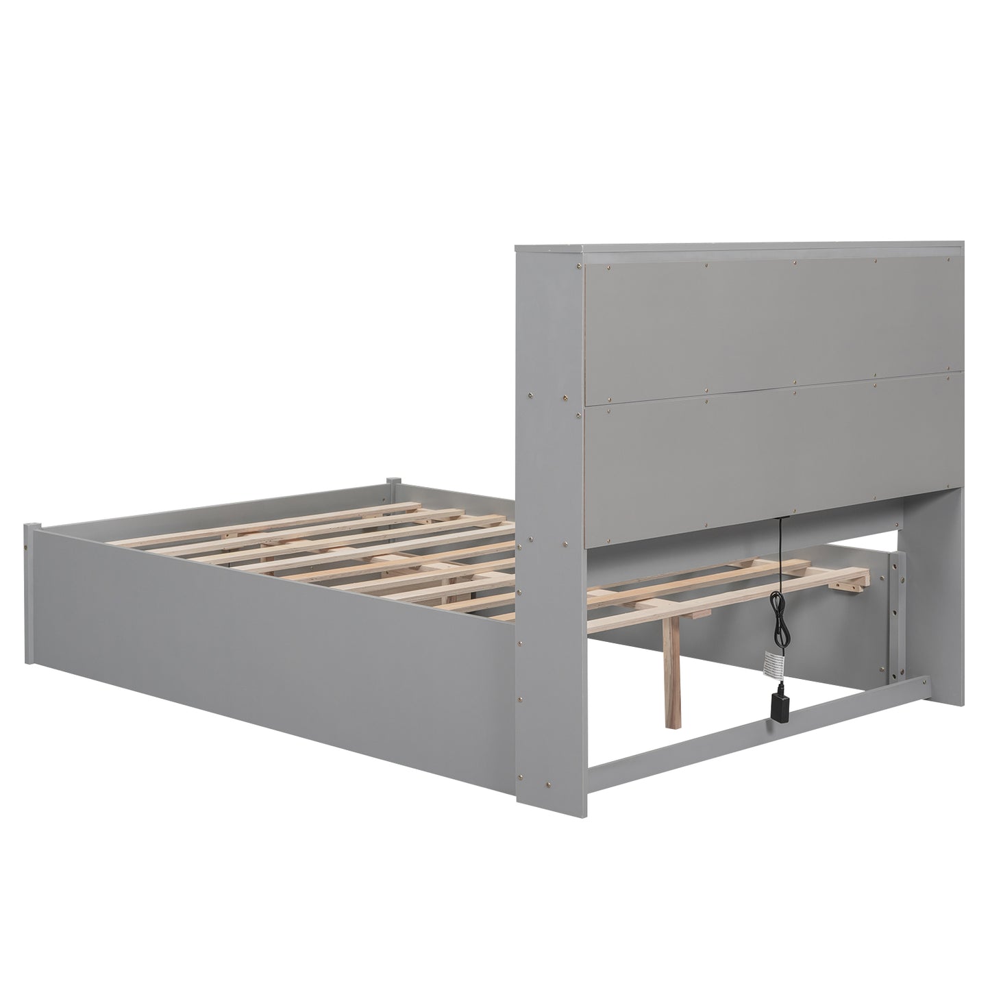 Full Size Platform Bed with Storage Headboard, Charging Station and 2 Drawers, Gray