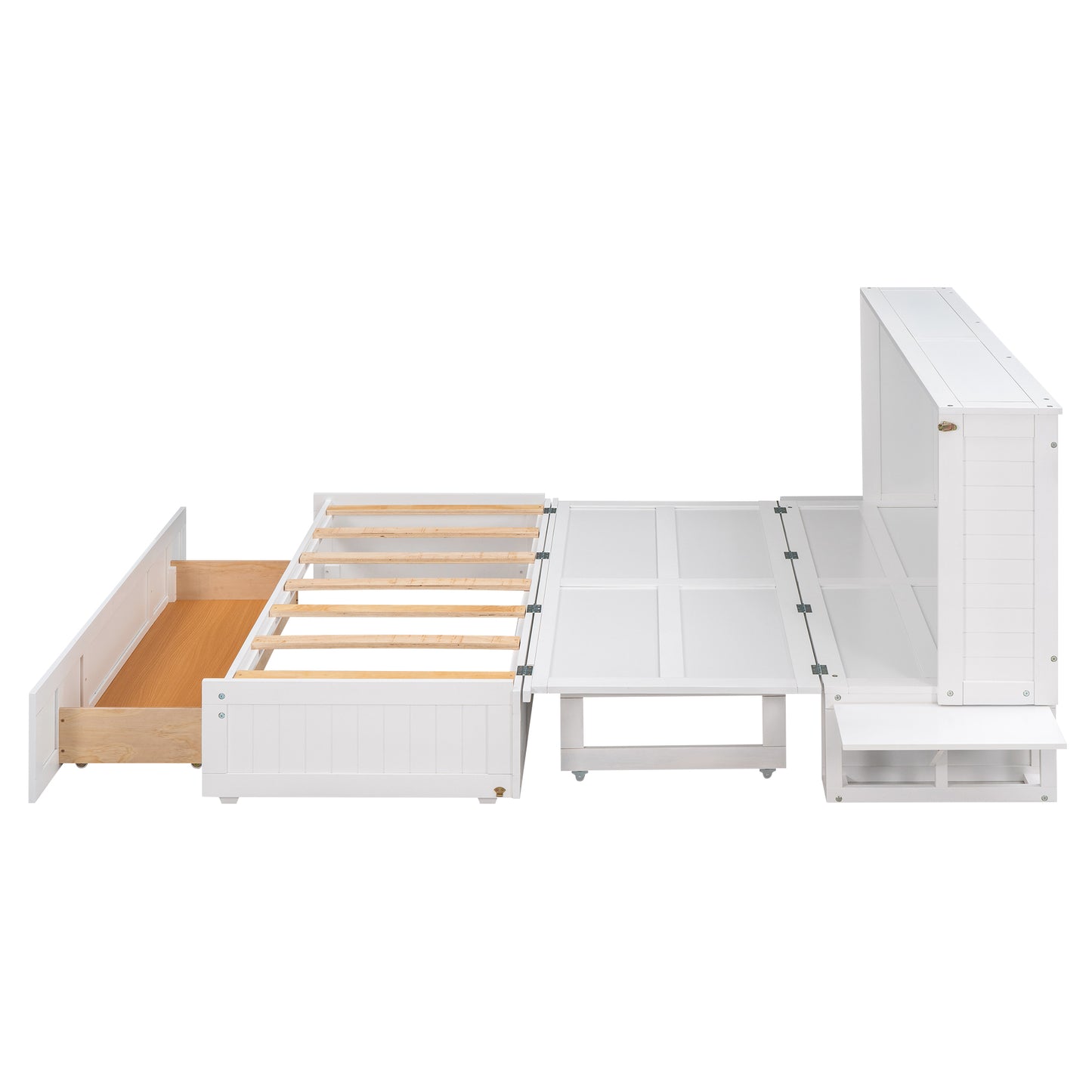 Queen Size Mobile Murphy Bed with Drawer and Little Shelves on Each Side White