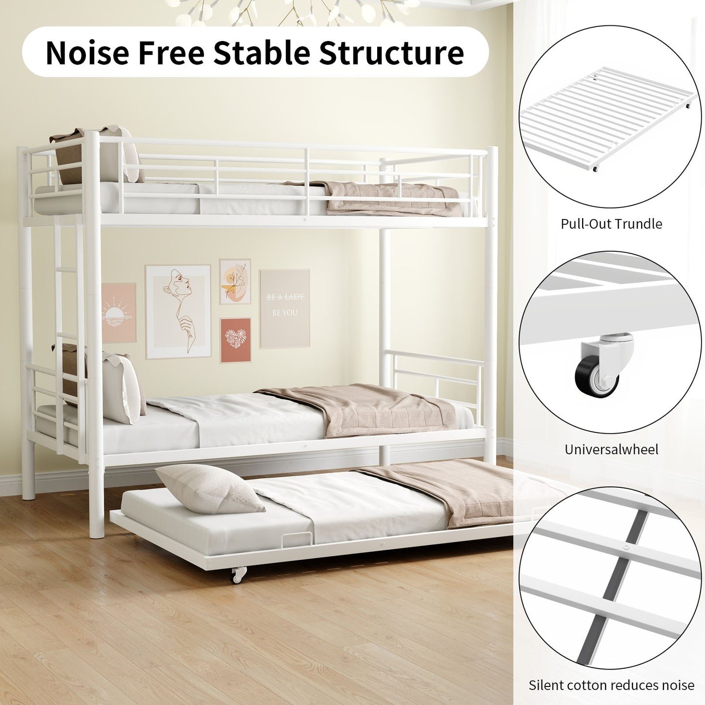 Heavy-duty Sturdy Meta Twin over Twin with Trundle Bunk Bed/l/ Noise Reduced/ Safety Guardrail/No Box Spring Needed,White