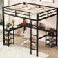 All metal loft bed with desk and shelf, loft bed with ladder and guardrail, black with black desk