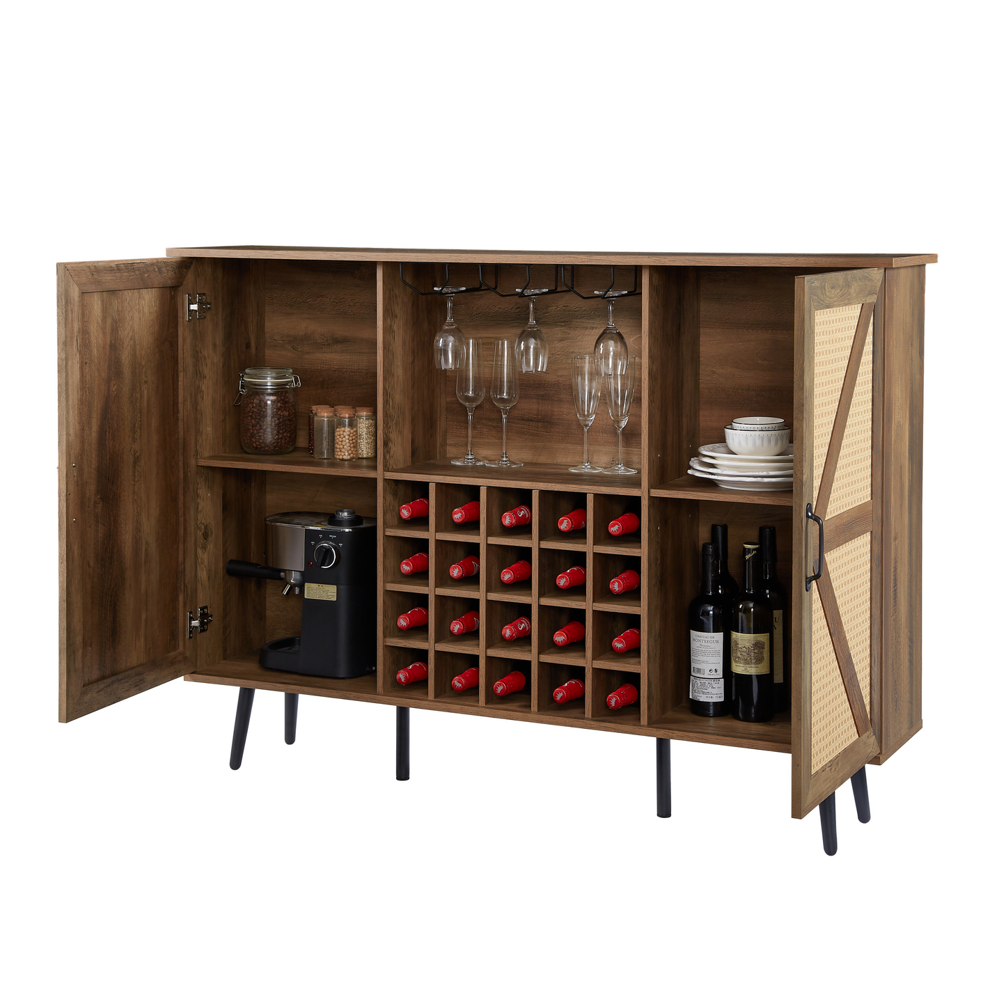 Oak Color Faux Rattan Barn Door Wine Cabinet with Wine Rack and Wine Glass Rack, Double Door Design with Removable Shelves