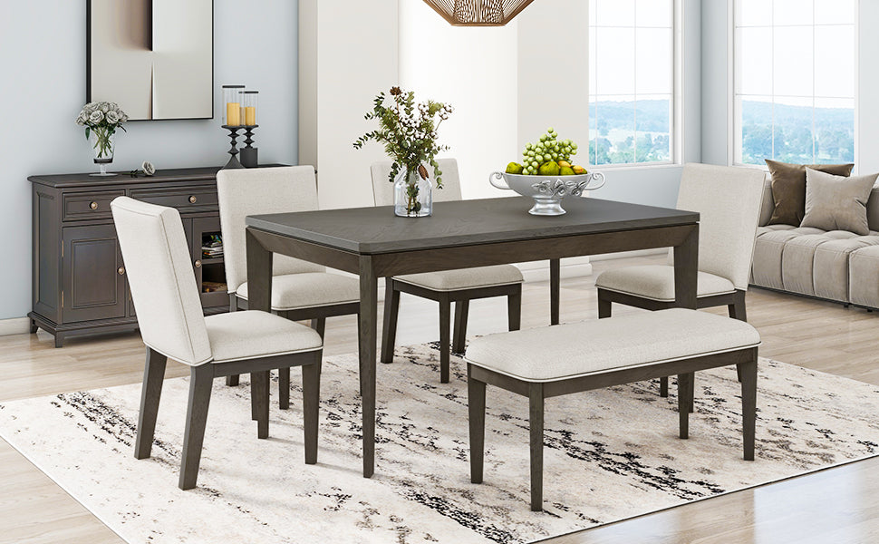 Juego de mesa de comedor TOPMAX de 6 piezas con sillas y banco tapizados, patas cónicas estilo rústico, gris oscuro y beige