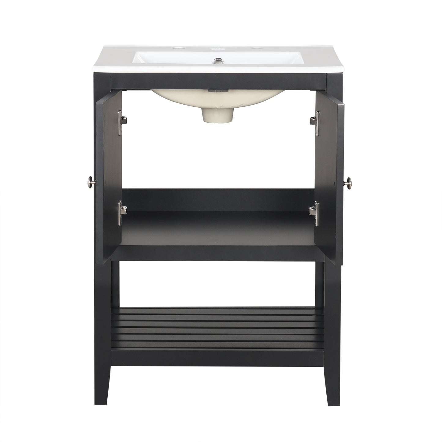 Black Modern Sleek Bathroom Vanity Elegant Ceramic Sink with Solid Wood Frame Open Style Shelf