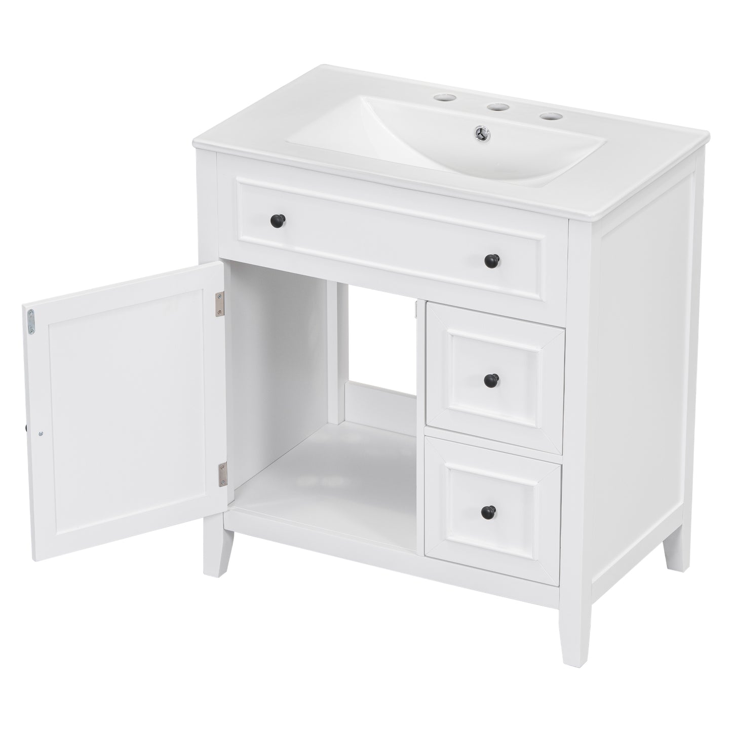 Mueble de baño de 30" con encimera de lavabo, armario de madera maciza con puerta y dos cajones, color blanco