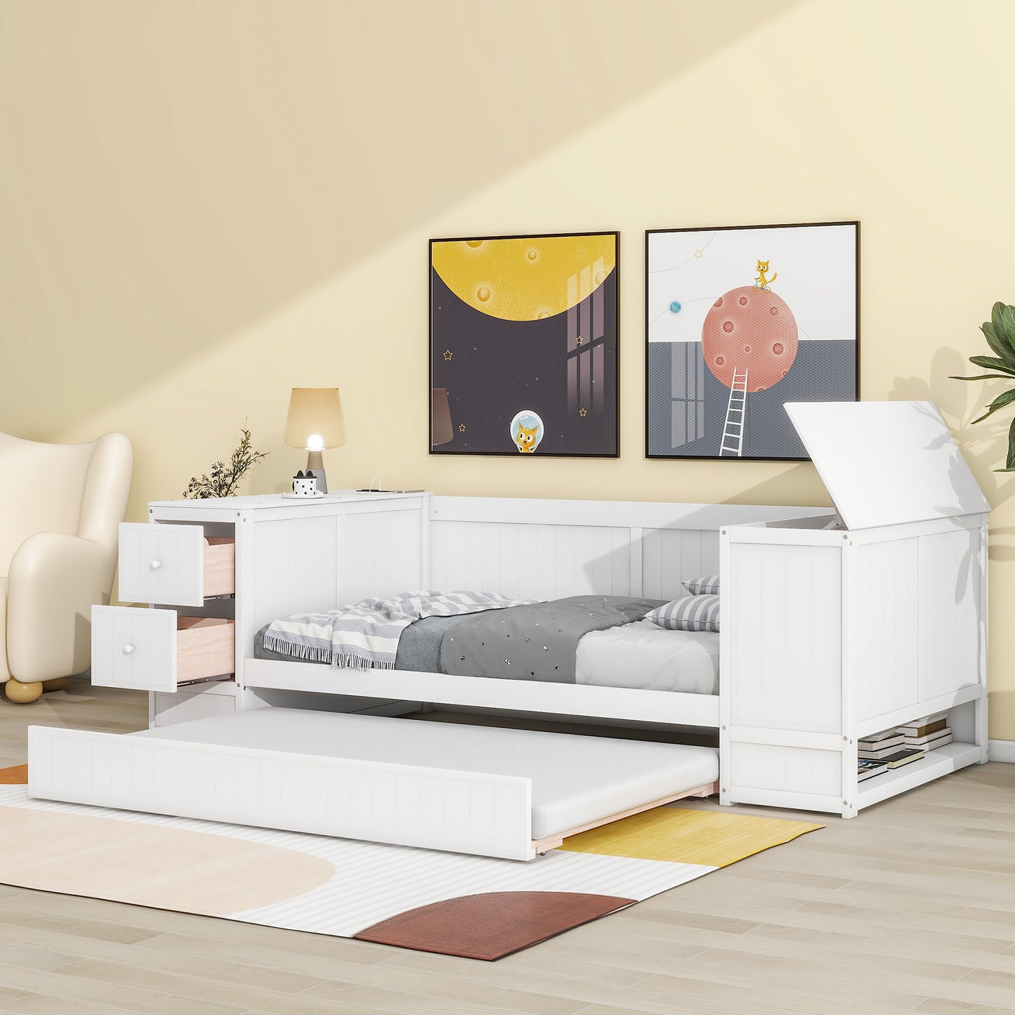 Twin Size Daybed with Storage Arms  Trundle and Charging Station White