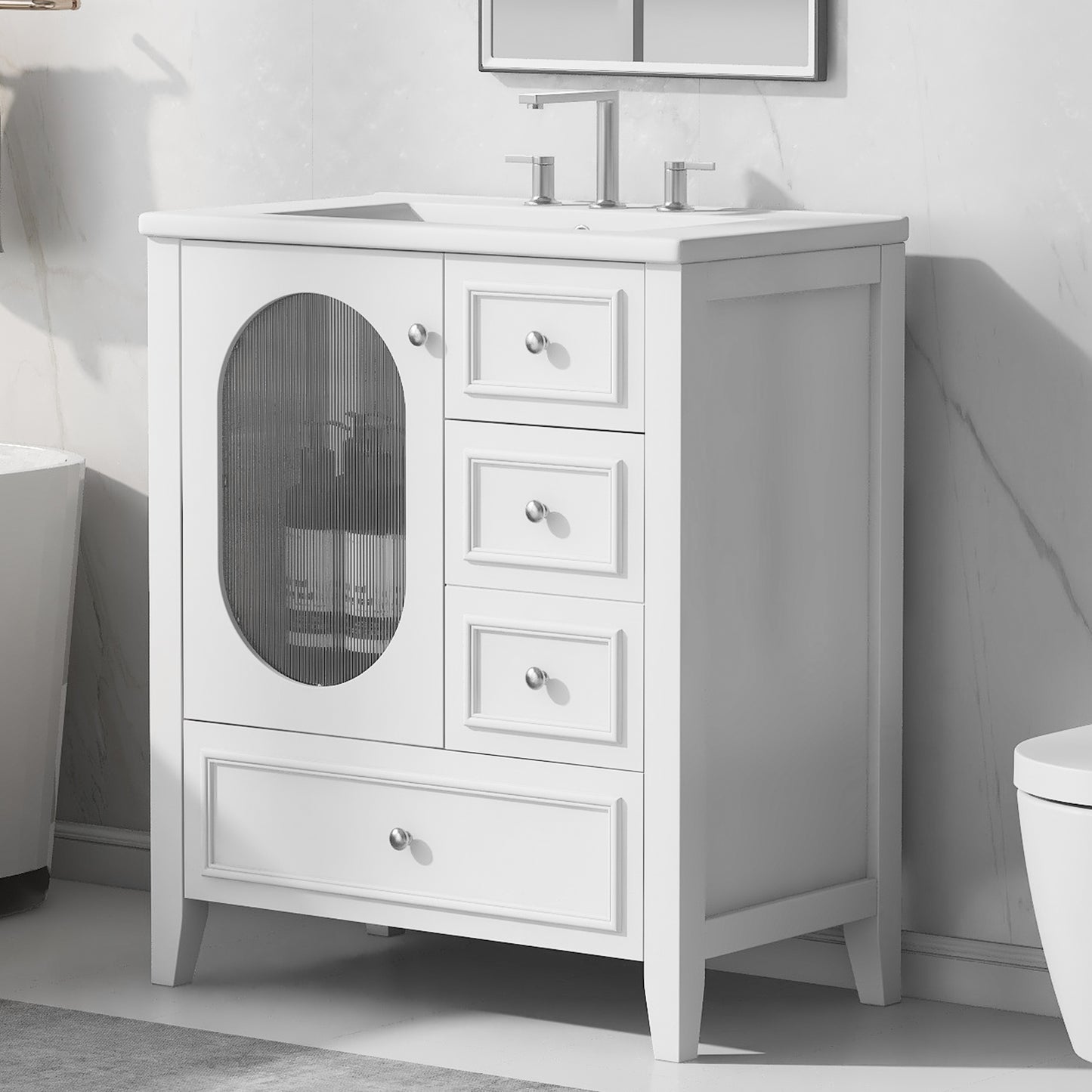 Bathroom Vanity with Sink, Bathroom Vanity Cabinet with Three Drawers and Door, Solid Wood and MDF, White