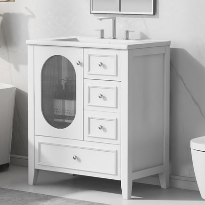 Bathroom Vanity with Sink, Bathroom Vanity Cabinet with Three Drawers and Door, Solid Wood and MDF, White