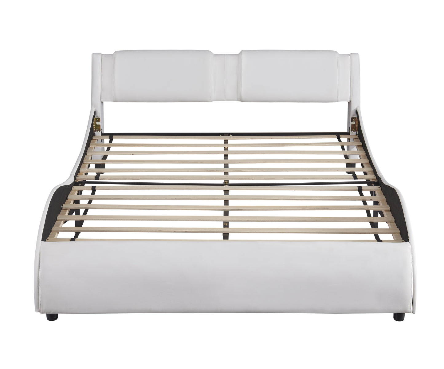 Queen Size Upholstered Faux Leather Platform Bed with LED Light Bed Frame with Slatted - White