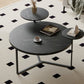 Modern coffee table with two display shelves, Black Faux marble surfaces, Tripod-inspired base,Rounded tabletop edges