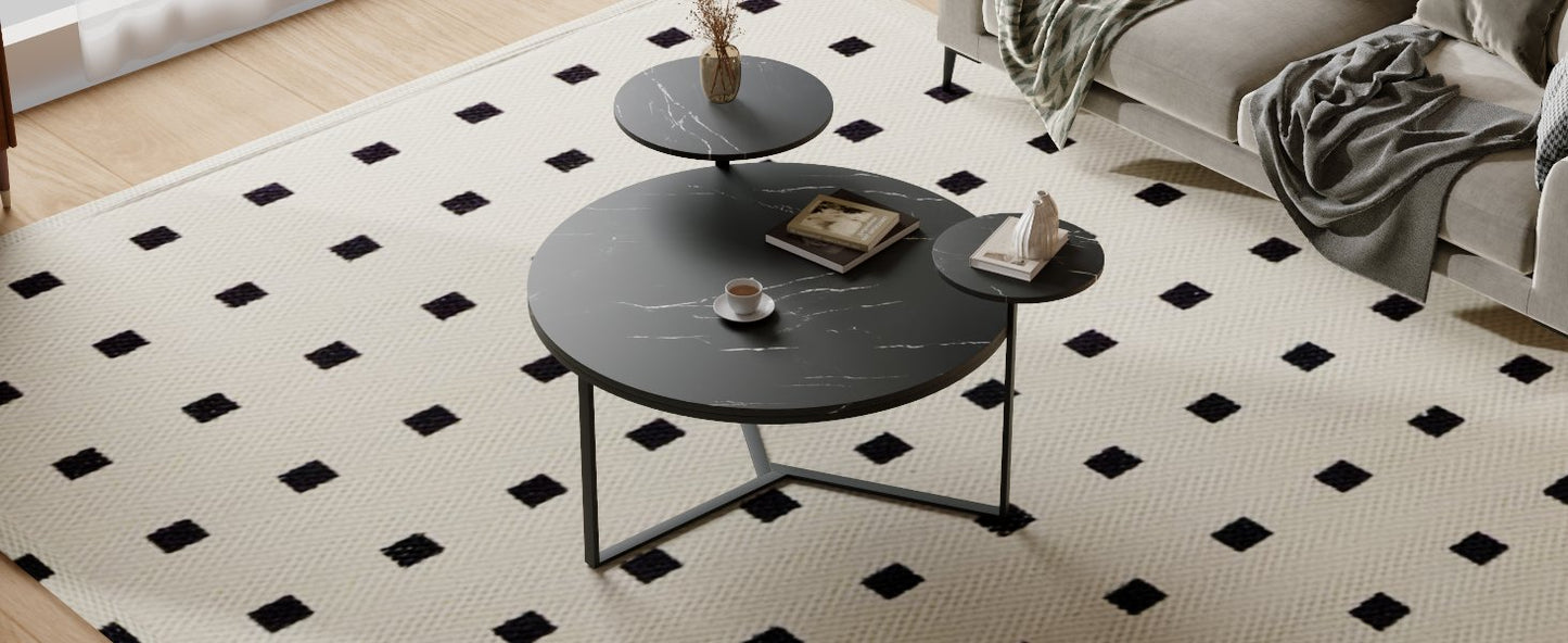 Modern coffee table with two display shelves, Black Faux marble surfaces, Tripod-inspired base,Rounded tabletop edges