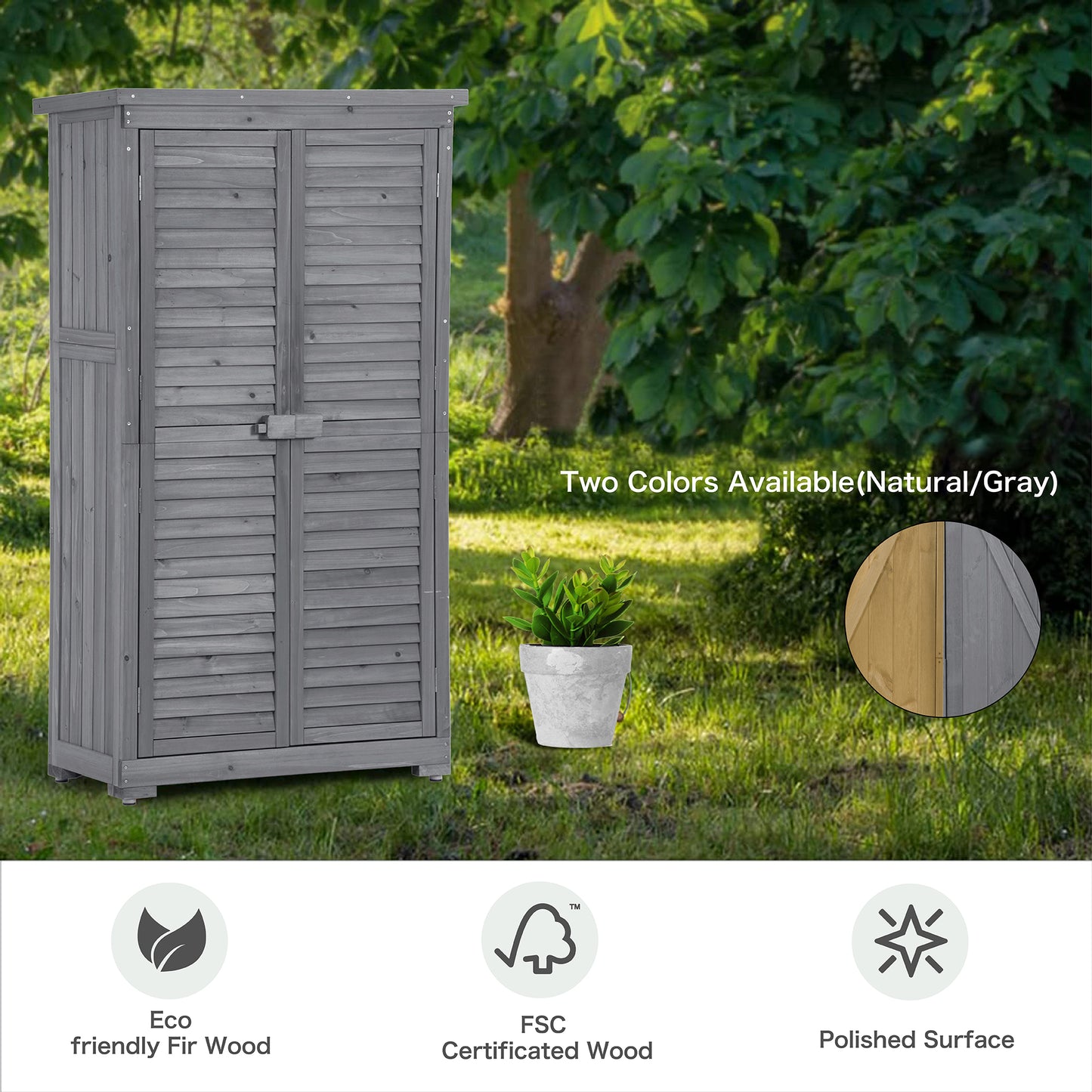 Wooden Garden Shed with 3-Tier Patio Storage, Outdoor Organizer with Fir Wood Shutter Design, Gray