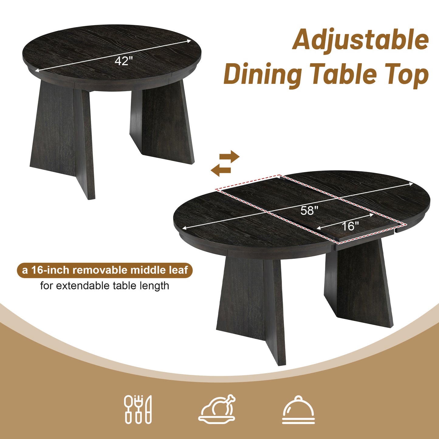 Juego de comedor retro de 5 piezas TREXM, mesa extensible y 4 sillas acolchadas con respaldo de ratán, acabado espresso