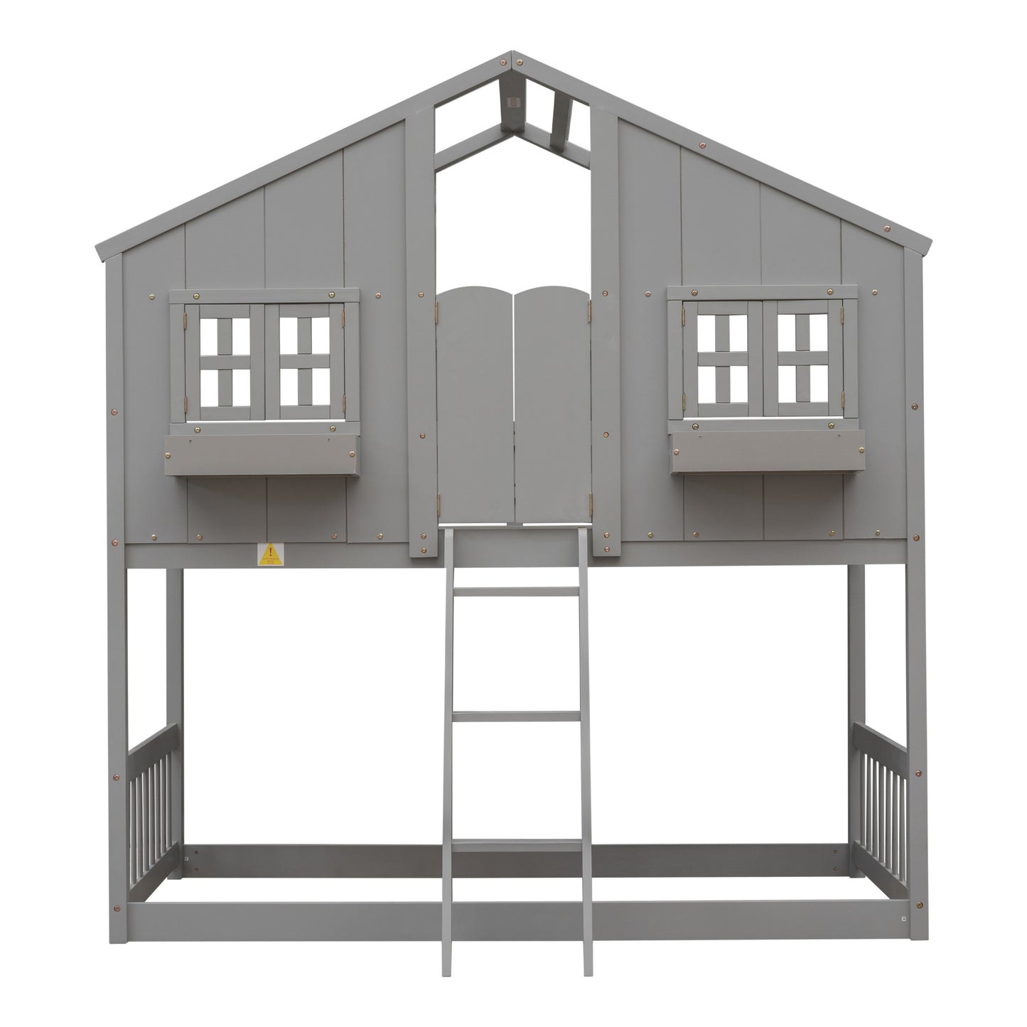 Twin over Twin House Bunk Bed with Roof , Window, Window Box, Door , with Safety Guardrails and Ladder, Grey