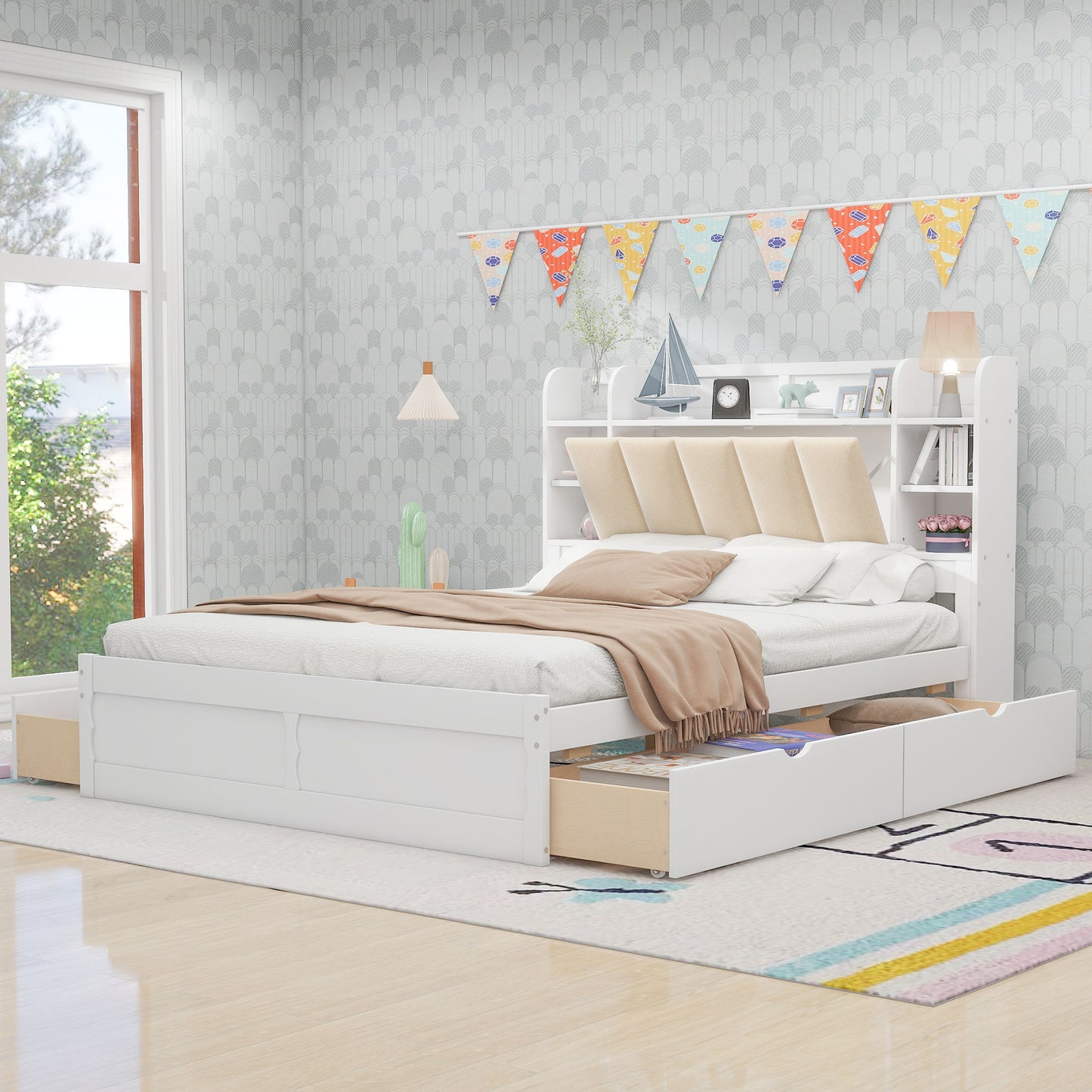 Wood Queen Size Platform Bed with Storage Headboard  Shelves and 4 Drawers  White