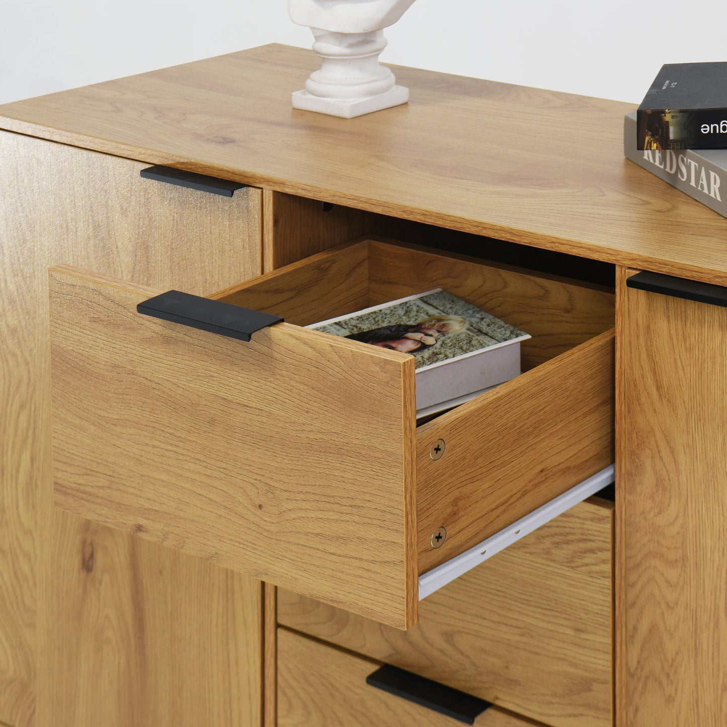 Side Panel Buffet Cabinet with 3 Drawers and 2 Doors, Natural Wood Finish for Kitchens and Dining Rooms