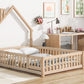 Full House-Shaped Headboard Floor Bed with Fence Natural