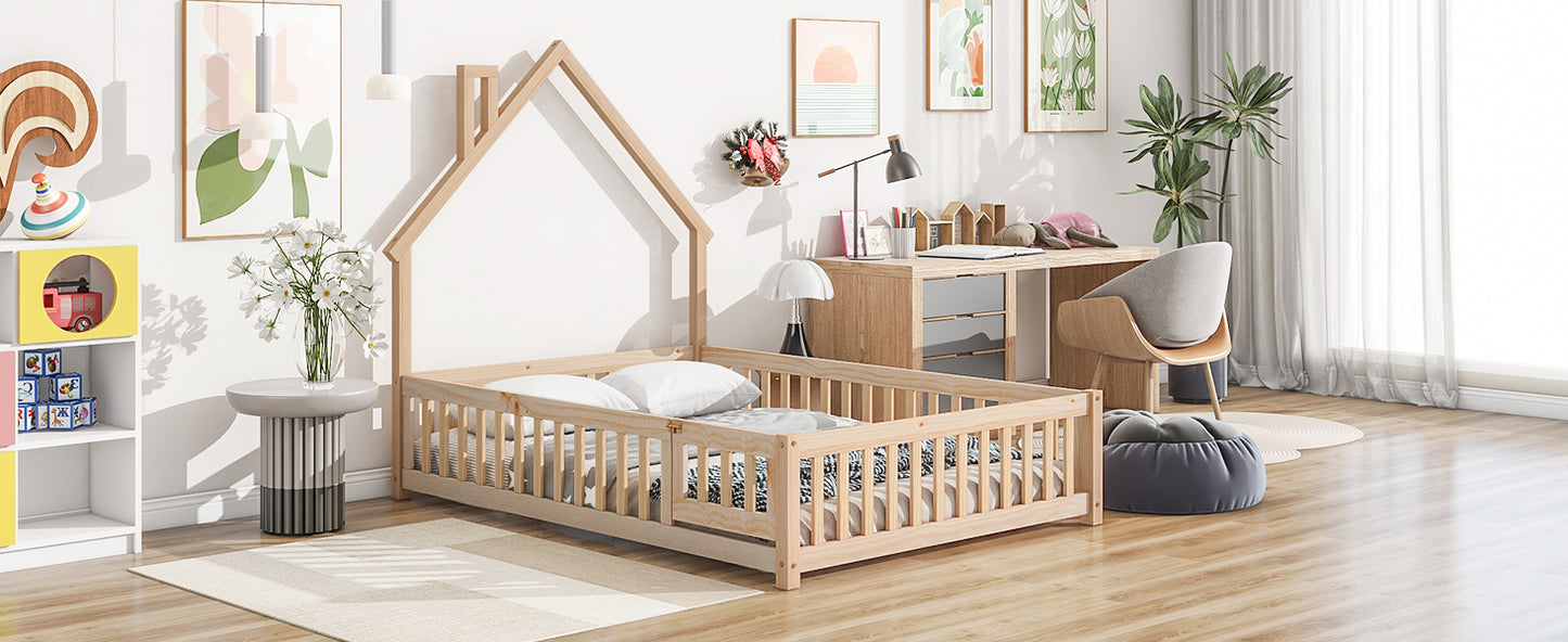 Full House-Shaped Headboard Floor Bed with Fence Natural