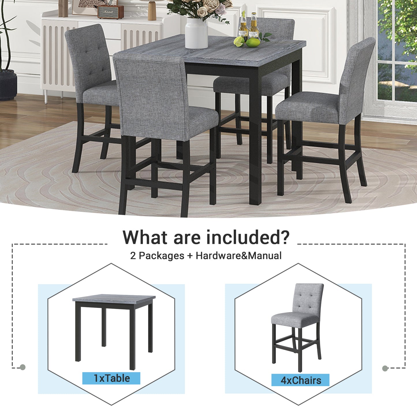 TOPMAX 5-Piece Cabinet Dining Table Set, Wooden Square Table with 4 Soft Cushioned High Back Chairs, Black