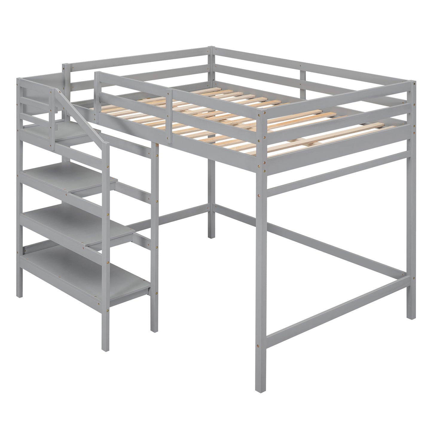 Full Size Loft Bed with Built-in Storage Staircase and Hanger for Clothes, Gray