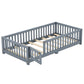 Twin Size Bed Floor Bed with Safety Guardrails and Door for Kids, Gray