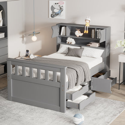 Twin Size Captain Platform Bed Frame with Storage Bookcases and Shelves,Four Drawers, Gray