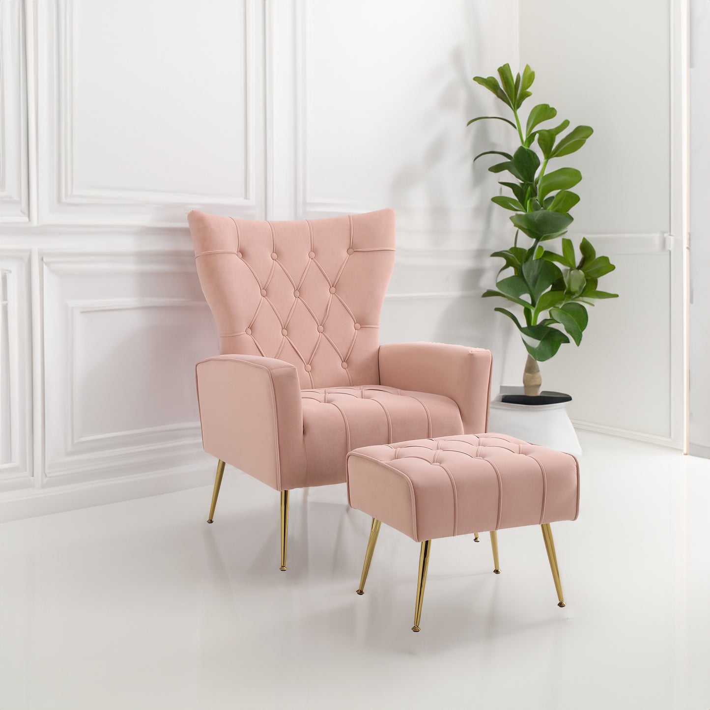 Modern Accent Chair with Ottoman, Comfortable Armchair for Living Rooms, Bedrooms, and Offices, Pink