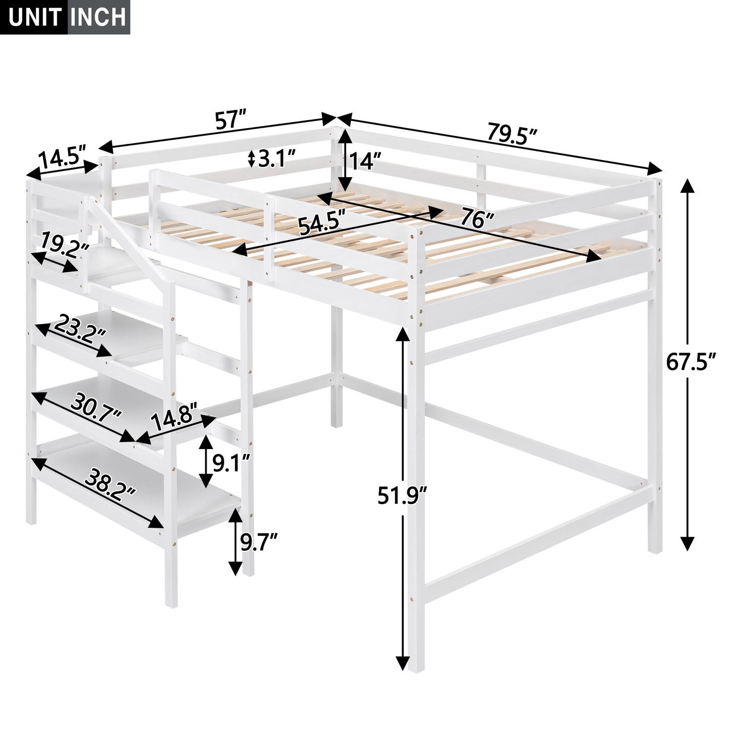 Cama alta de tamaño completo con escalera de almacenamiento incorporada y percha para ropa, acabado blanco