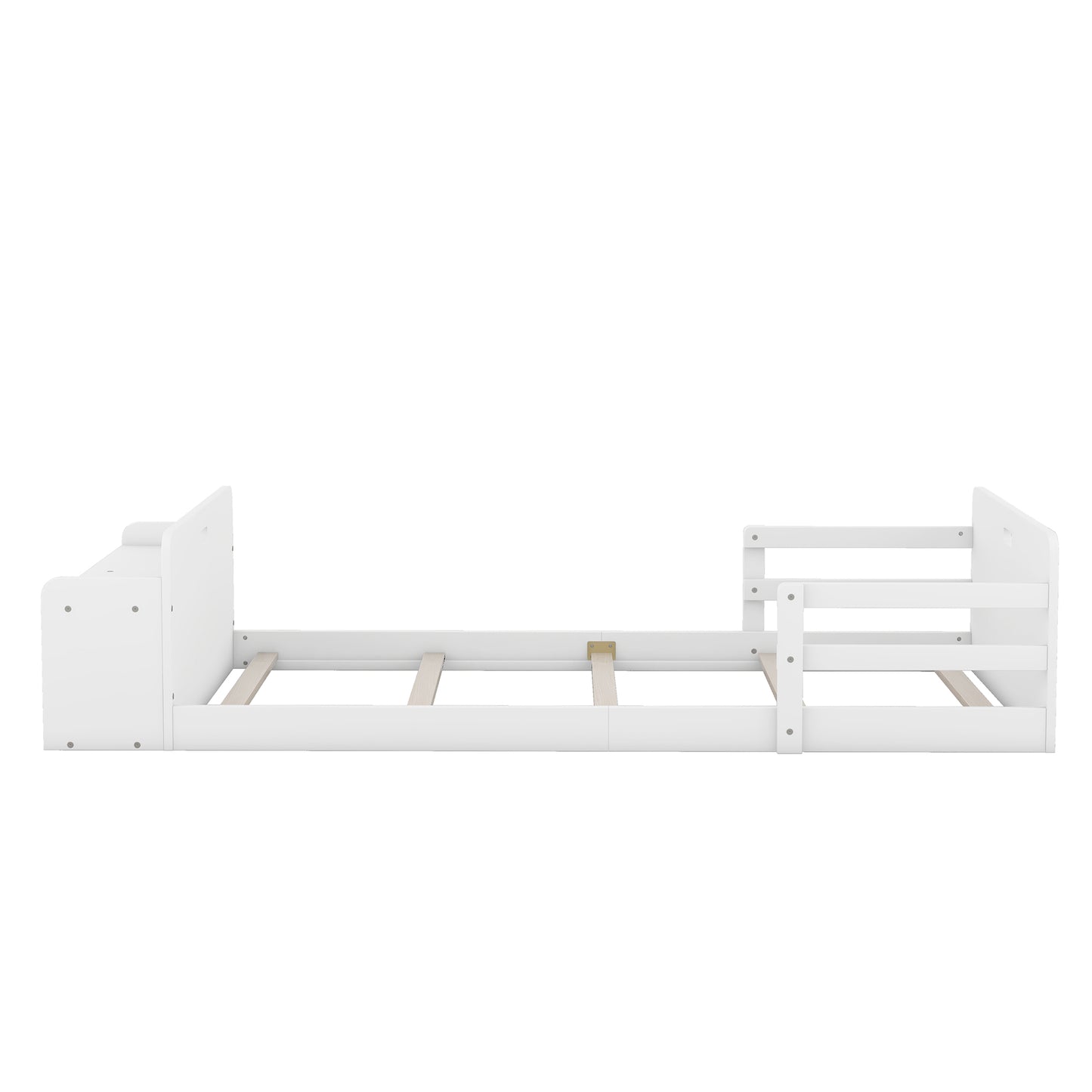 Twin Size Floor Bed with Storage Footboard and Guardrail, White