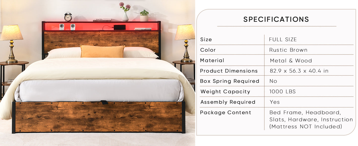 Elevating storage bed frame, full-size bed frame with bookshelf headboard and LED lights, with country brown color