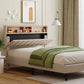 Full Size Upholstered Platform Bed with Storage Headboard and USB Port, Linen Fabric in Beige