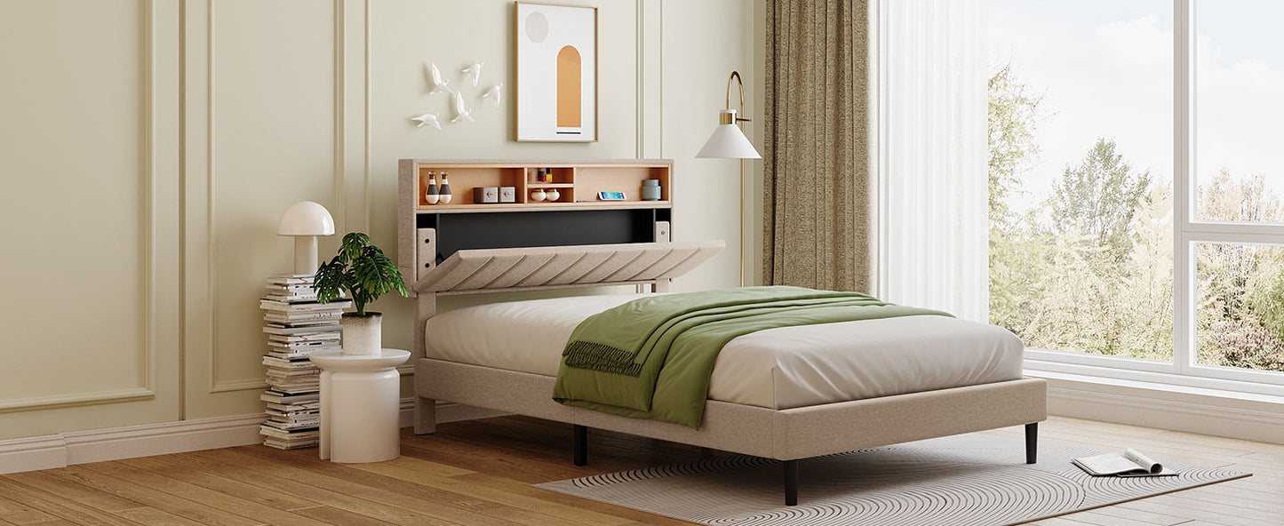 Cama de plataforma tapizada de tamaño completo con cabecera de almacenamiento y puerto USB, tela de lino en color beige