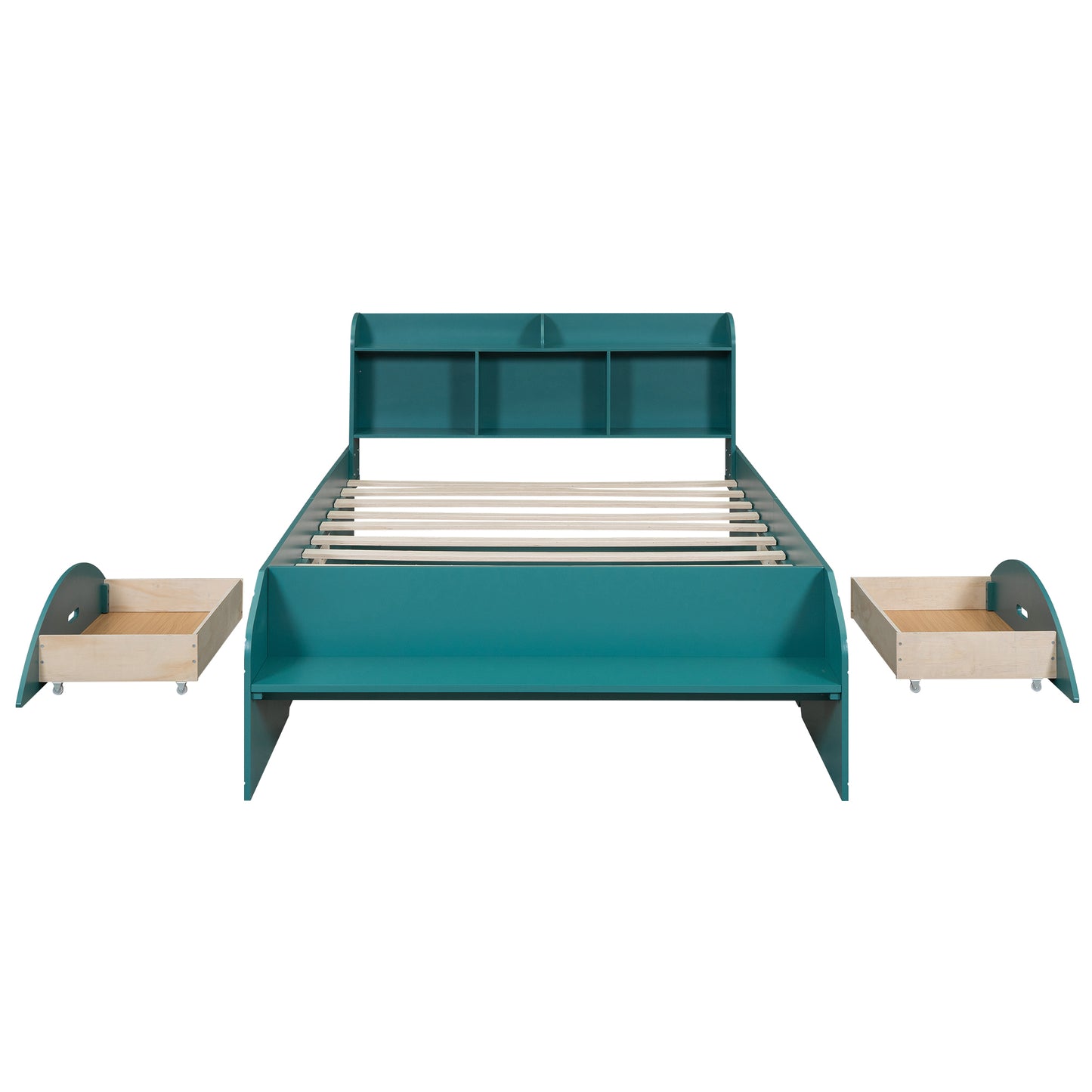 Wood Full Size Platform Bed with 2 Drawers, Storage Headboard and Footboard, Dark Green