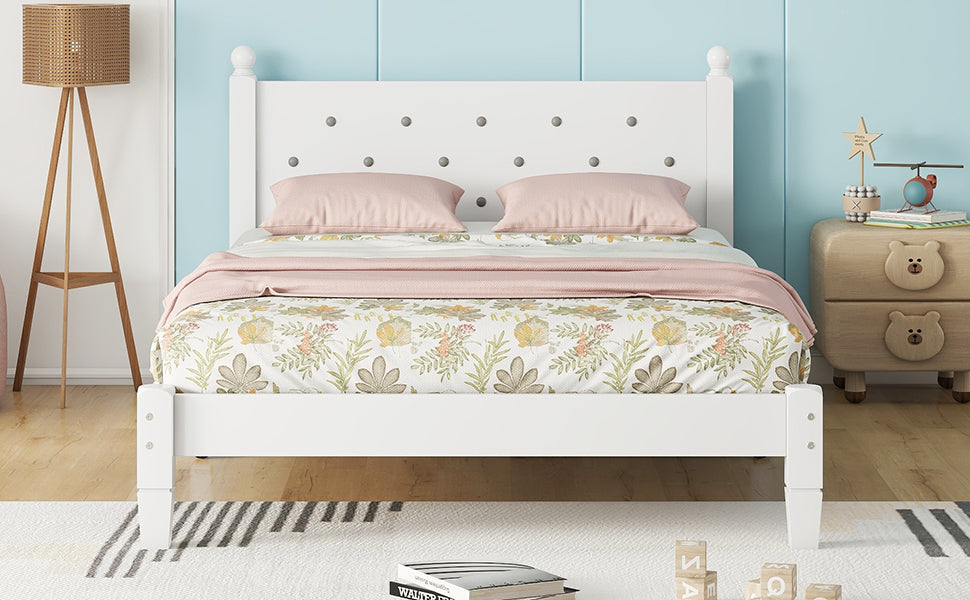 Twin Bed with Button-Decoration Headboard, with Bed Slats,White