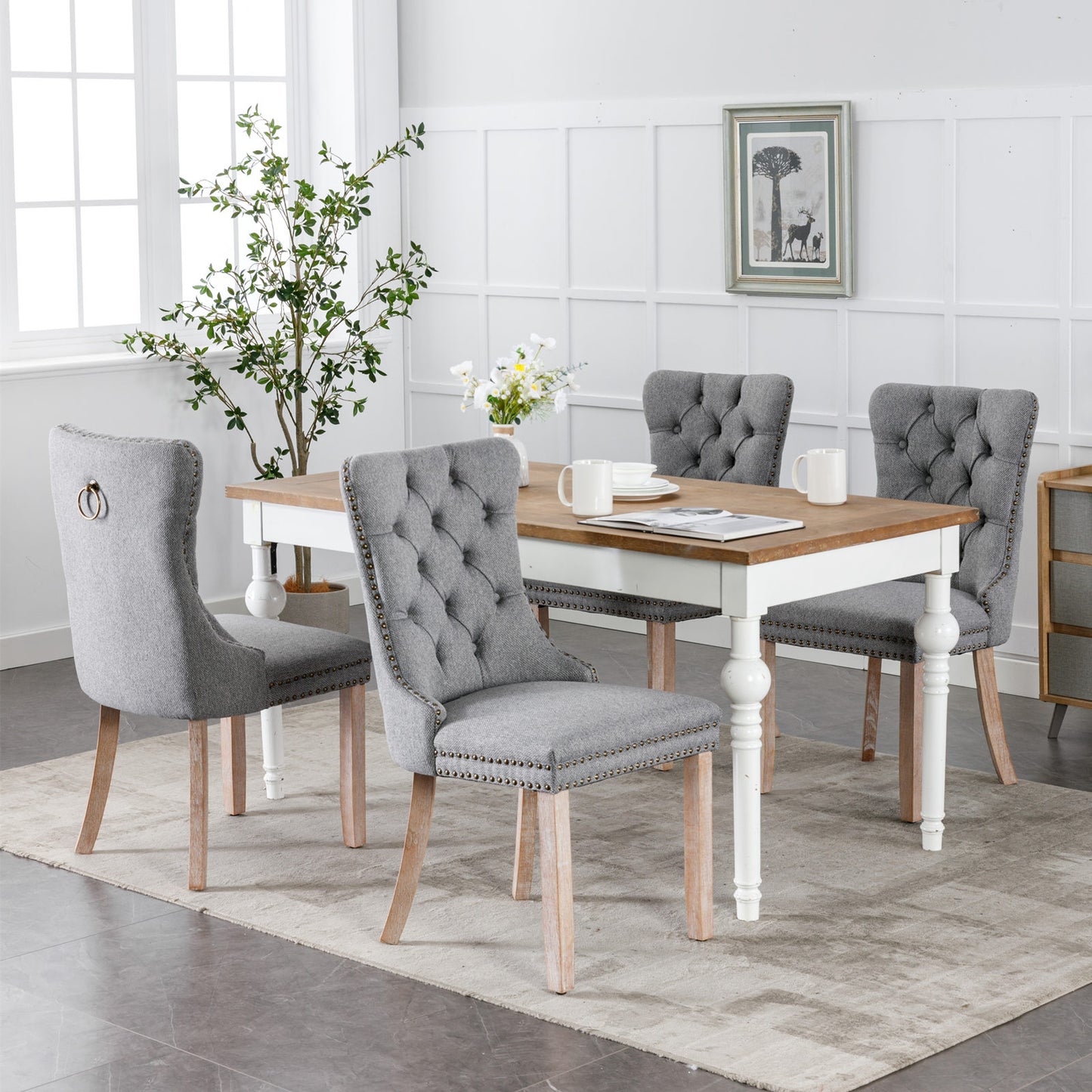 High-end Tufted Solid Wood Contemporary Flax Upholstered Linen Dining Chair with Wood Legs Nailhead Trim 2-Pcs Set Gray