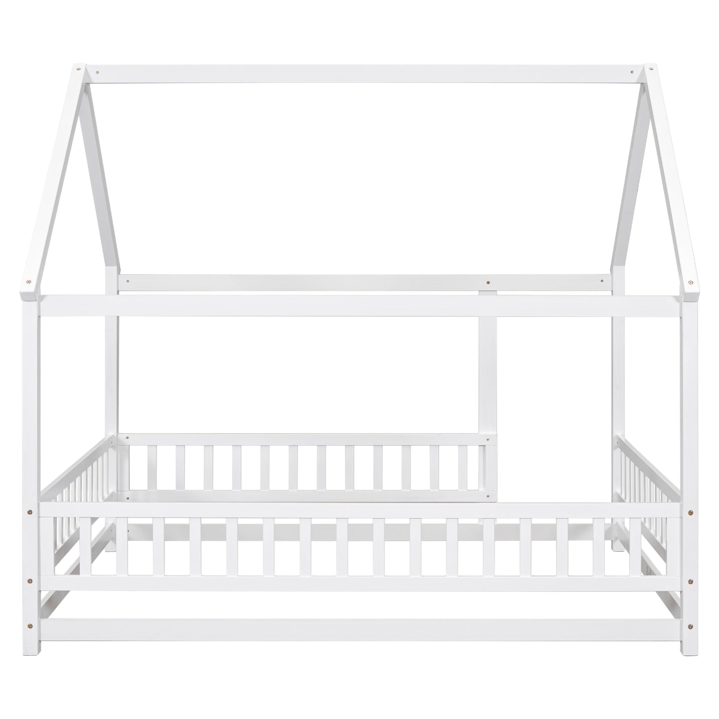 Full Size Floor Wooden Bed with House Roof Frame, Fence Guardrails ,White