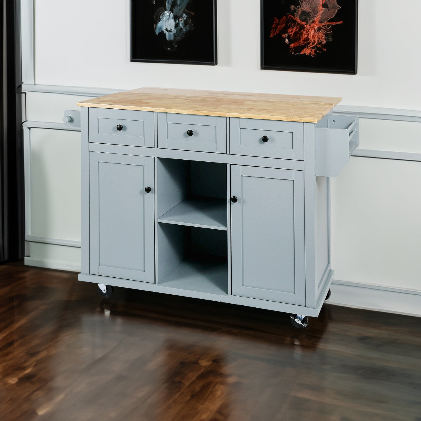 Kitchen handcart with rubber wood leaf countertop, storage cabinet, shelf, and 3 dining room drawers, gray blue