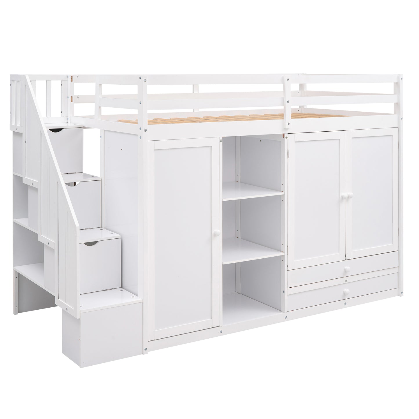 Functional Loft Bed with 3 Shelves, 2 Wardrobes and 2 Drawers, Ladder with Storage, No Box Spring Needed, White