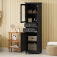 Tall Bathroom Storage Cabinet with Glass Doors, Free-Standing, Two Drawers, and Adjustable Shelves, MDF Board, Painted Black