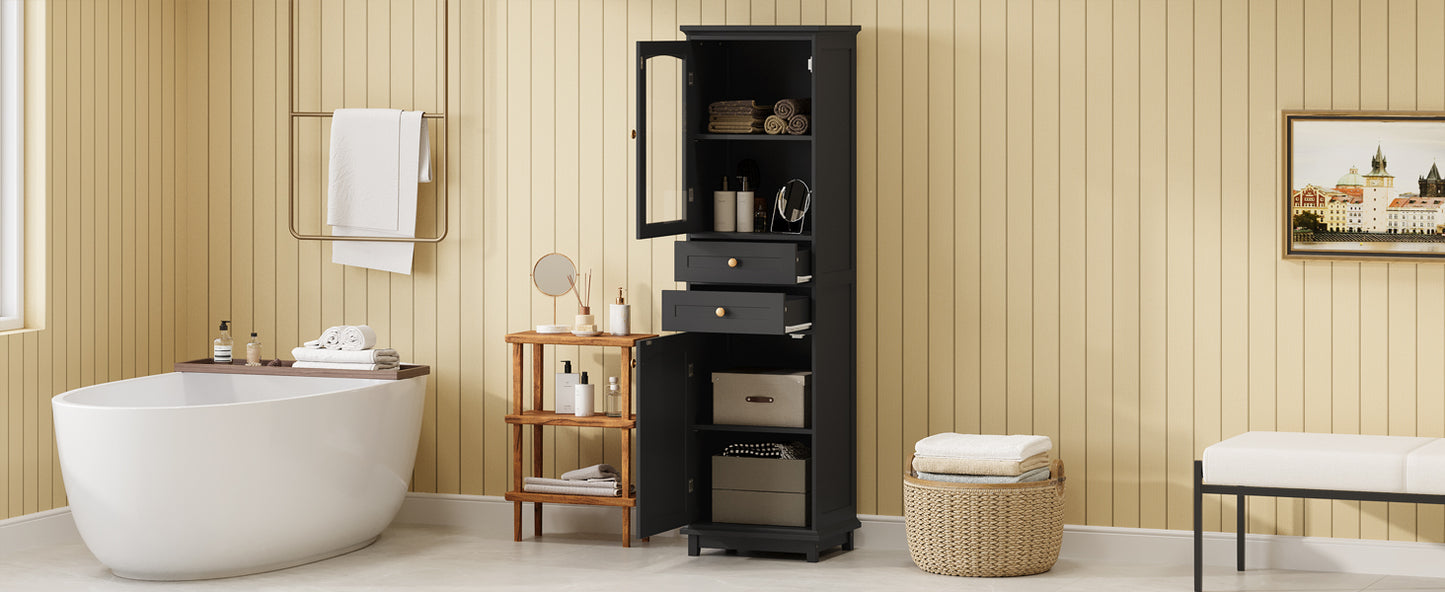 Tall Bathroom Storage Cabinet with Glass Doors, Free-Standing, Two Drawers, and Adjustable Shelves, MDF Board, Painted Black