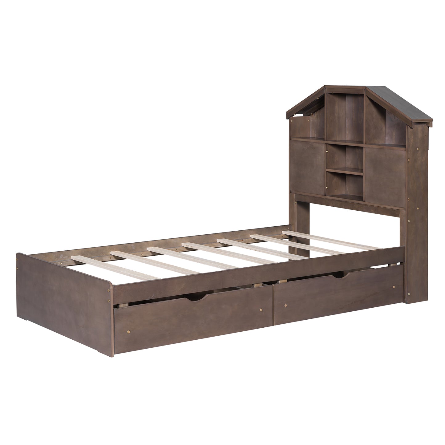 Twin Size Wood Platform Bed with House-shaped Storage Headboard and 2 Drawers Walnut