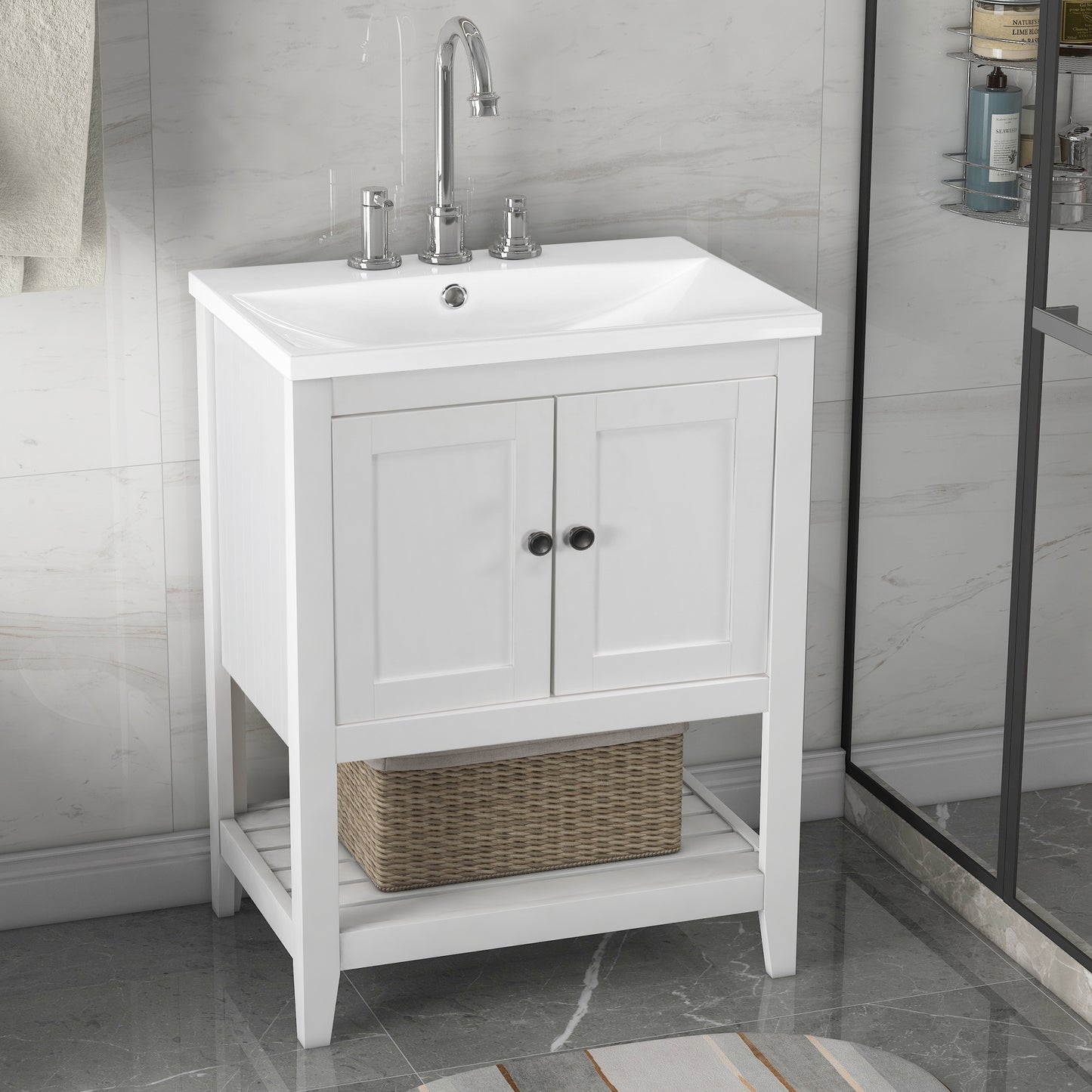 White Modern Sleek Bathroom Vanity Elegant Ceramic Sink with Solid Wood Frame Open Style Shelf