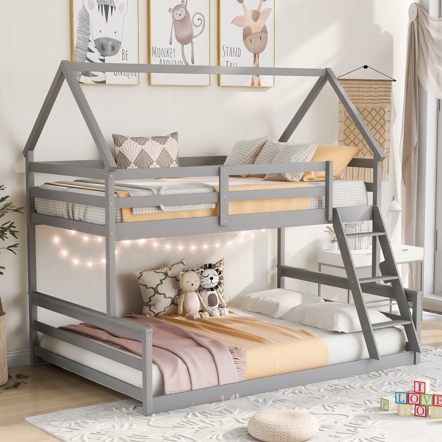 Twin over Full House Bunk Bed with Built-in Ladder Gray