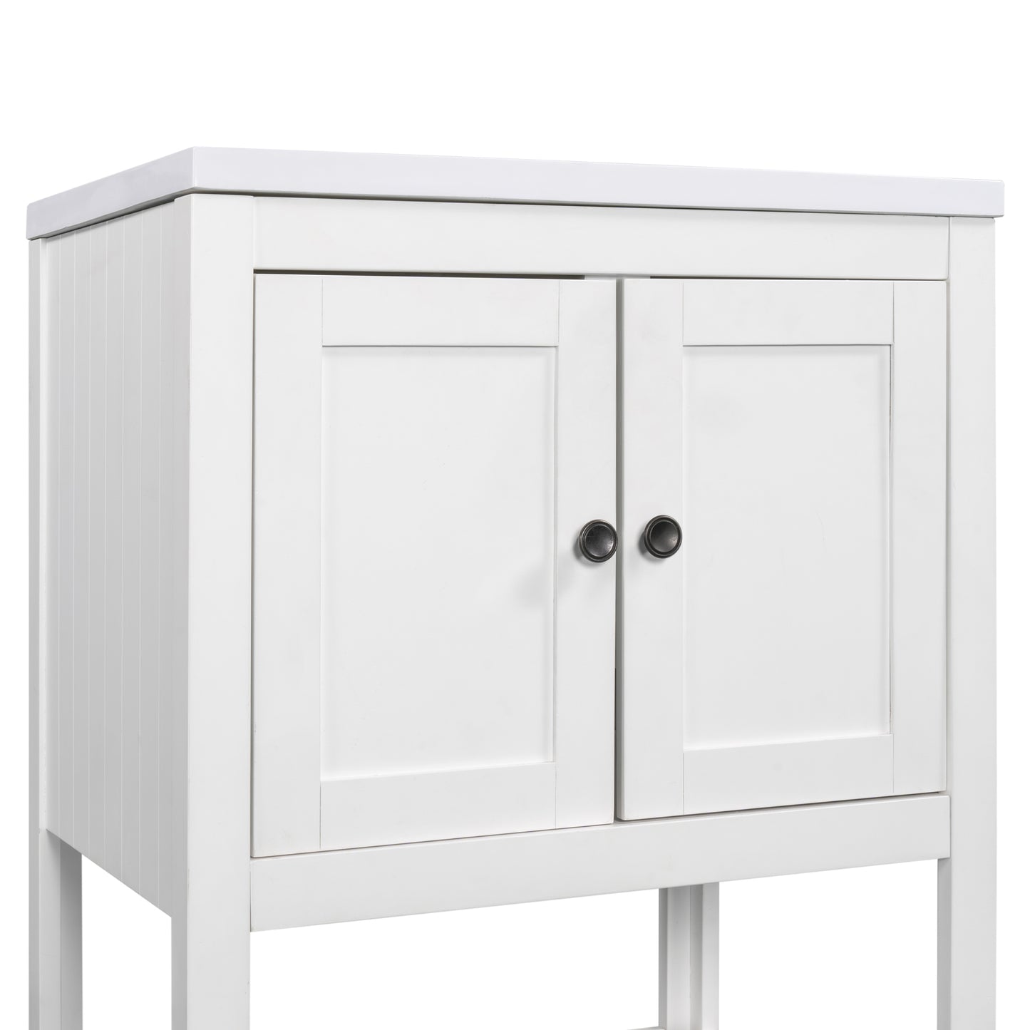 White Modern Sleek Bathroom Vanity Elegant Ceramic Sink with Solid Wood Frame Open Style Shelf