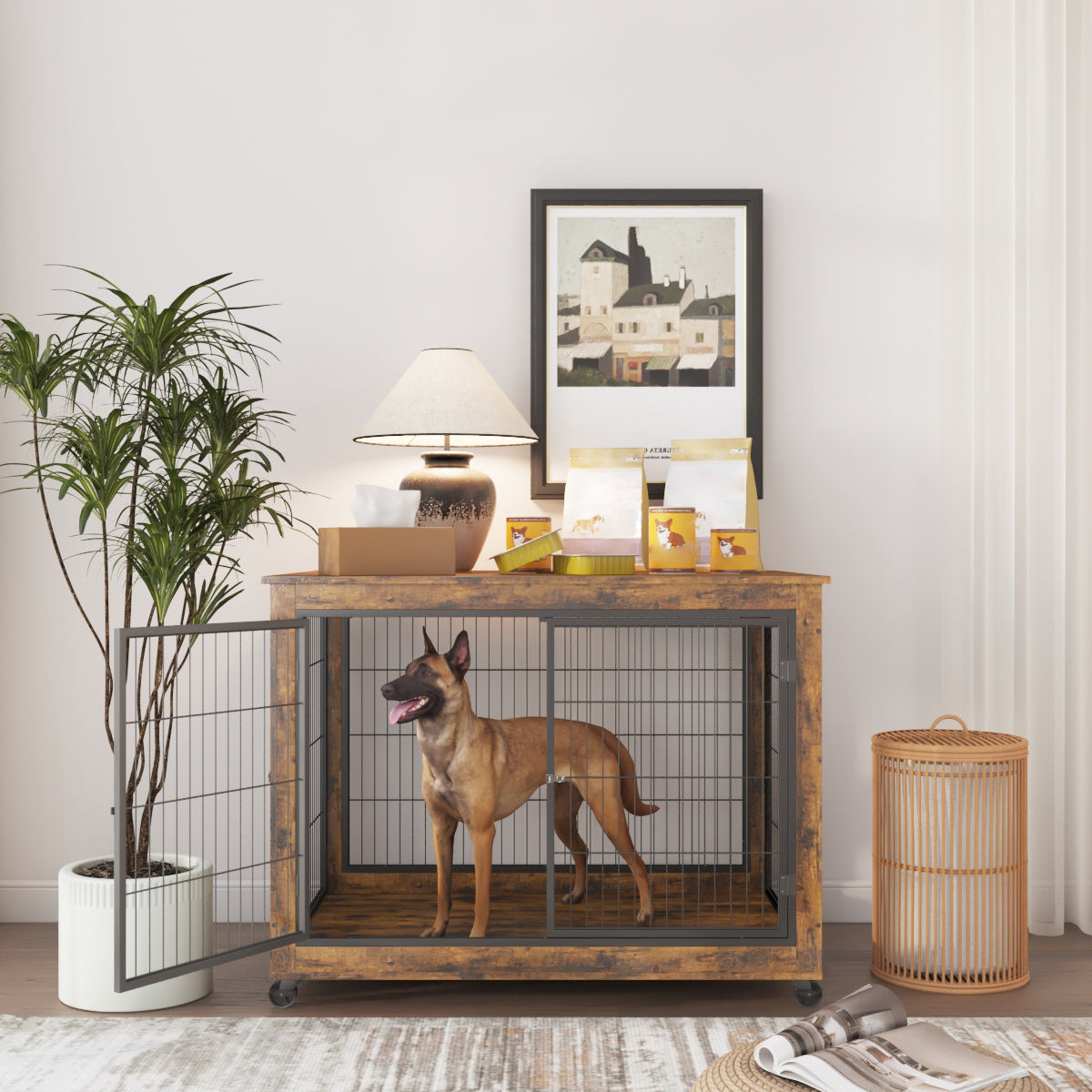 Furniture Style Dog Crate Side Table on Wheels with Double Doors and Lift Top. Rustic Brown