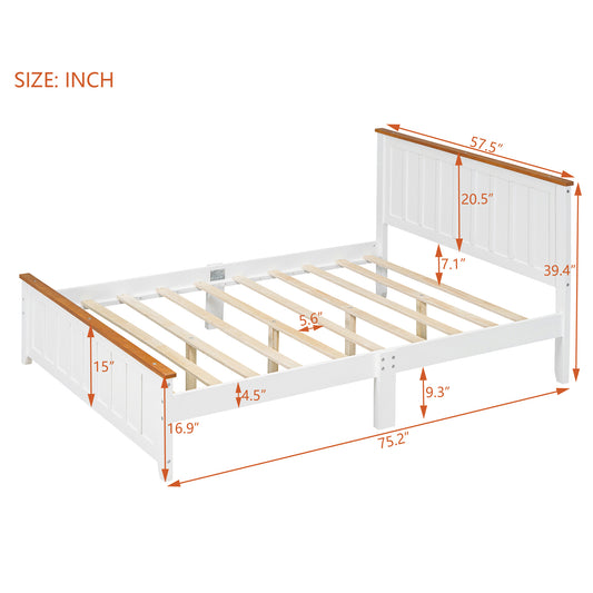 Full Size Wood Platform Bed Wooden Slat Support, Vintage Simple Bed Frame with Rectangular Headboard and Footboard, White