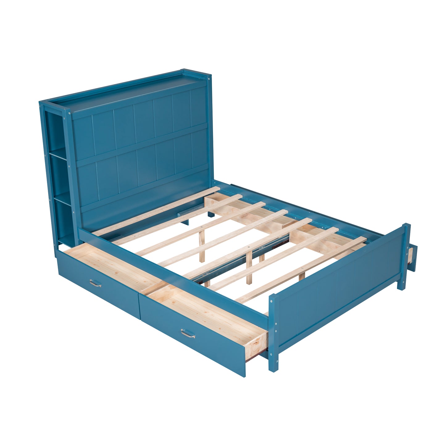 Full Size Platform Bed with Drawers and Storage Shelves, Blue