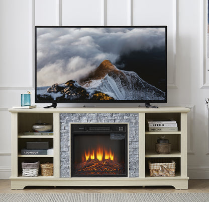 Mantel Electric Fireplace Stone TV Media Stand with Open Storage Console and 18-Inch Fireplace Insert, White